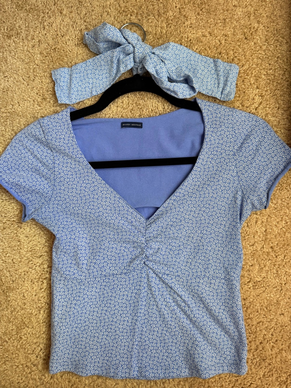 Brandy Melville Light Blue Microprint V-Neck Tee